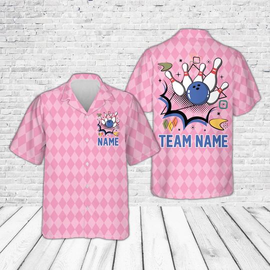 Retro Pastel Bowling Hawaiian Shirt, Personalized Bowler Button Shirt, Argyle Bowling Squad, Custom Name Atomic Bowling Shirt