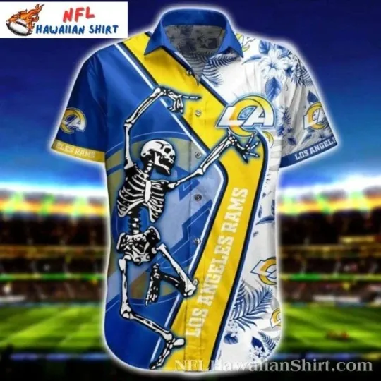 Discover Game Day Skeleton LA Football Hawaiian Shirt – Blue And Yellow Size S-5XL