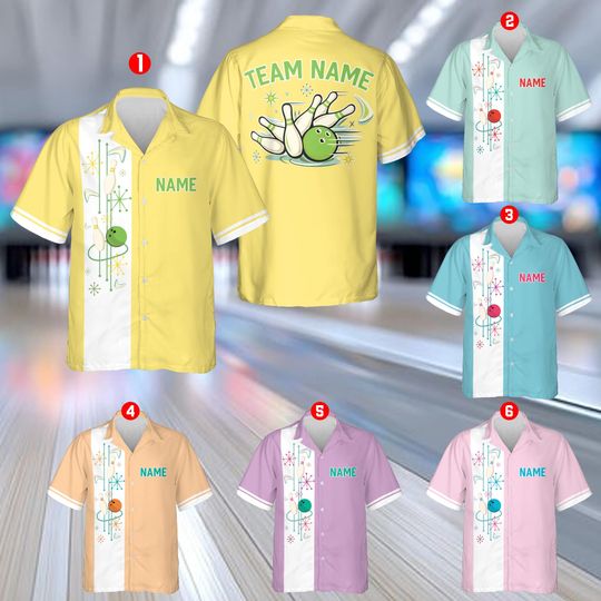 Discover Atomic Mid Century Bowling Shirt, Personalized Retro Bowling Hawaiian Button Up, Custom Name Bowling Shirt, Matching Bowling Team Shirt