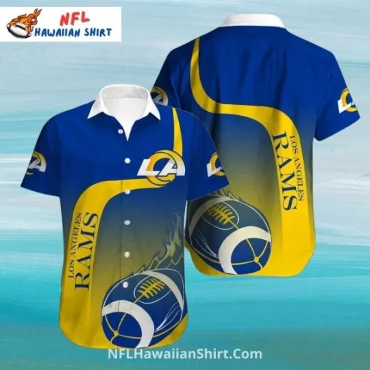 Discover LA Football Flaming Football Blue And Gold Gradient Aloha Hawaiian Shirt Size S-5XL