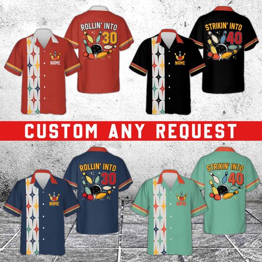 Discover Personalized Bowling Birthday Shirt, Rollin' into Birthday Shirt, Custom Name & Age Bowling Hawaiian Button Up, Funny Bowling Party Gift