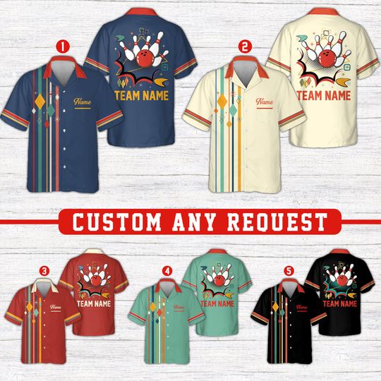 Discover Custom Bowling Team Hawaiian Shirt, Personalized Name Pocket Bowling Button Up, Retro Atomic Mid Century Style, Retro Bowling Team Shirt