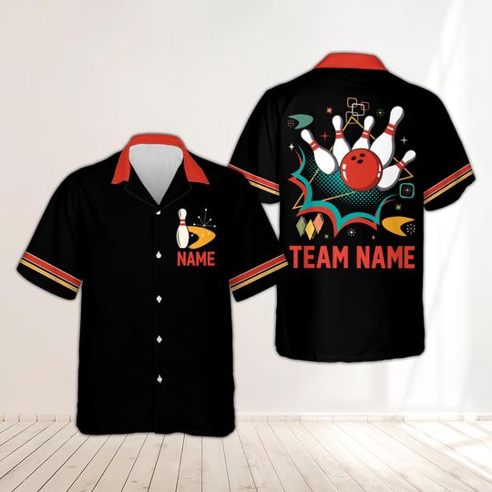 Discover Mid Century Modern Bowling Shirt, Personalized Bowling Hawaiian Shirt, Custom Name Bowling Team Shirt, Retro Atomic Bowling League Uniform