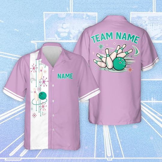 Discover Personalized Atomic Bowling Hawaiian Shirt, Custom Name Bowler Button Up, Mid Century Modern Retro Bowling Shirt, Bowling Team Gift