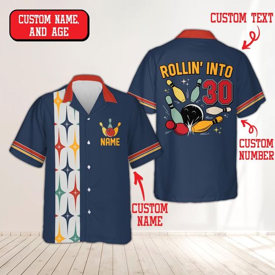 Discover Personalized Retro Bowling Hawaiian Shirt, Rollin Into My Bowling Birthday Shirt, Custom Name & Age Bowling Button Up, Bowling Party Gift