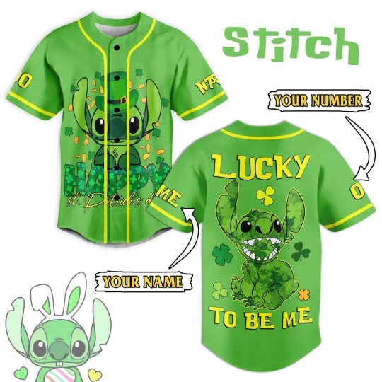 Discover Funny Stitch Happy St. Patrick Day Lucky To Be Me 3D BASEBALL JERSEY SHIRT