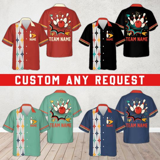 Discover Retro Atomic Bowling Shirt, Custom Bowling Team Hawaiian Shirt, Personalized Team And Player Name Shirt, Vintage Mid Century Bowling Shirt