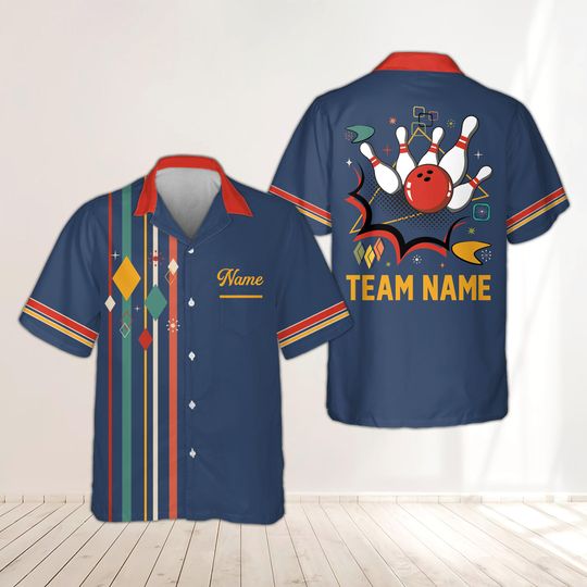 Discover Personalized Retro Bowling Pocket Hawaiian Shirt, Custom Name Bowling Button Up, Vintage Mid Century Atomic Bowling Shirt, Bowling Team Gift