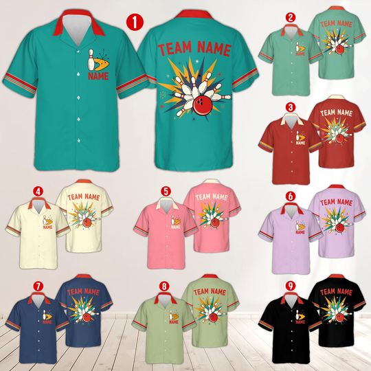 Discover Atomic Bowling Hawaiian Shirt, Retro Bowling Ball Explosion Shirt, Custom Name And Team Bowling Button Up Shirt, Personalized Bowler Gift