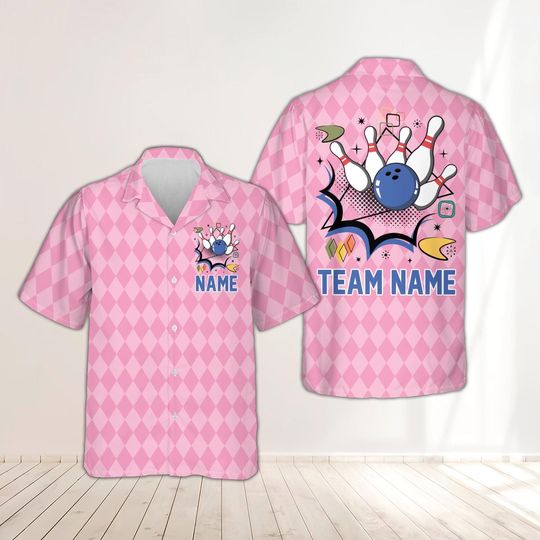 Discover Personalized Atomic Bowling Hawaiian Shirt, Custom Name Argyle Bowling Button Up Shirt, Mid Century Modern Bowling Shirt, Bowling Team Shirt