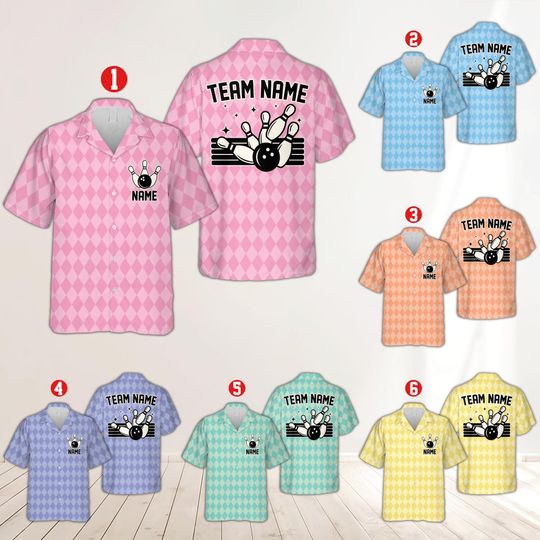 Custom Name And Team Bowling Hawaiian Shirt, Personalized Argyle Bowling Button Shirt For Bowlers, Bowling Team Gift, Bowling League Shirt