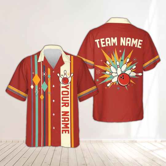 Discover Personalized Atomic Bowling Hawaiian Shirt, Custom Name Bowling Button Up, Gutter Gang Bowling Team Shirt, Mid Century Modern Bowling Gift