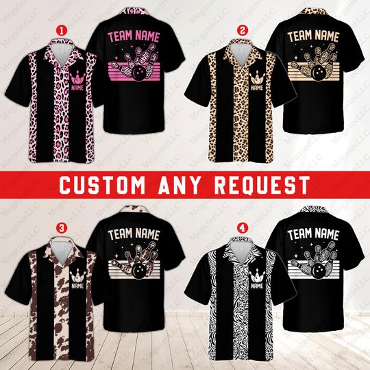 Discover Personalized Leopard Bowling Hawaiian Shirt, Custom Name Retro Bowling Team Button Up, Matching Bowler Shirt, Cowhide Bowling Lover Squad
