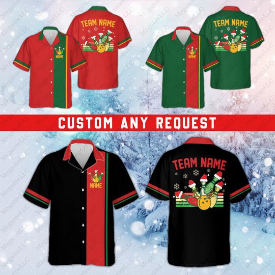 Discover Custom Name Christmas Bowling Hawaiian Shirt, Personalized Bowling Team Button Down Shirt, Xmas Bowling Lover Gift, Bowling Squad Shirt