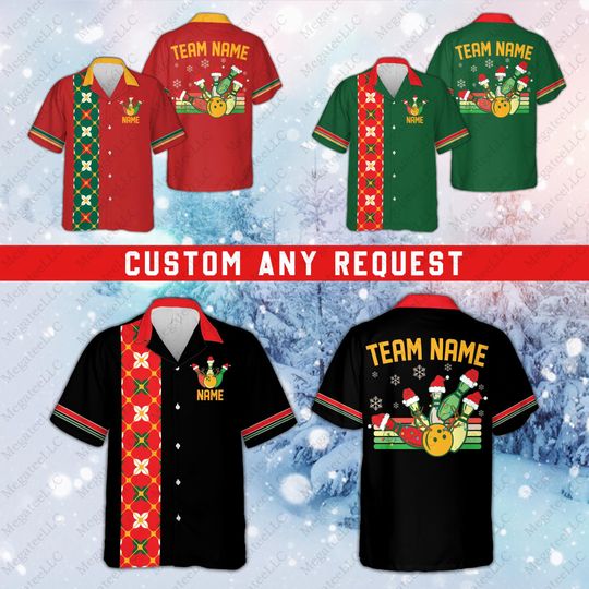 Discover Personalized Christmas Bowling Hawaiian Shirt, Custom Name Bowling Team Button Down Shirt, Matching Bowler Shirt, Retro Xmas Bowling Lover