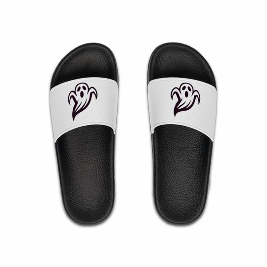 Discover Ghost Logo Slide Sandals, White Strap, Black Sole