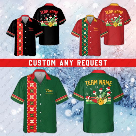 Discover Personalized Christmas Bowling Pocket Hawaiian Shirt, Custom Name Bowling Team Button Down Shirt, Xmas Holiday Gift, Retro Christmas Bowling