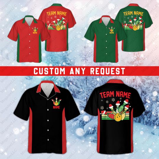 Discover Custom Name Christmas Bowling Hawaiian Shirt, Personalized Bowling Team Button Down Shirt, Xmas Bowling Lover Gift