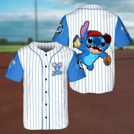 Discover ove Playing Stitch Lovers White Blue 3D BASEBALL JERSEY SHIRT Best Price