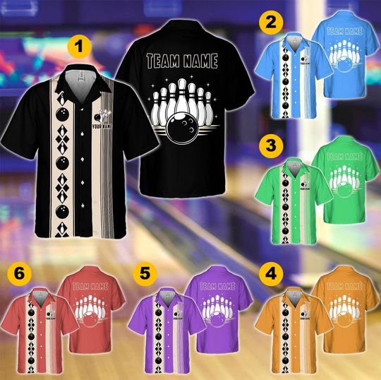 Discover Personalized Retro Bowling Hawaiian Shirt, Custom Name Bowler Button Down Shirt, Matching Bowling Team Shirt, Bowling Lover Gift Shirt