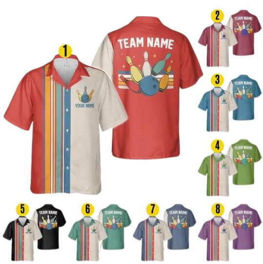 Discover Personalized Retro Bowling Hawaiian Shirt, Custom Name Button Down Shirt, Matching Bowling Team Shirt, Bowling Lover Gift,Bowler Shirts