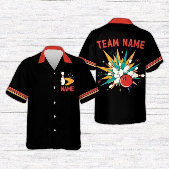 Discover Mid Century Modern Bowling Hawaiian Shirt, Custom Name Bowler Button Shirt, Personalized Bowling Team, Atomic Bowling Split Happens Gift