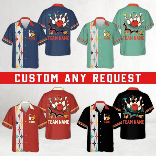 Discover Personalized Retro Atomic Bowling Hawaiian Shirt, Custom Team Name And Player Name Bowling Button Up, Vintage Mid Century Bowling Shirt