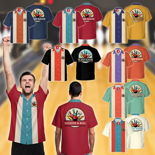 Discover Personalized Name Retro Bowling Hawaiian Shirt, Custom Bowling Team Button Down Shirt For Bowlers, Matching Bowling Shirt For Bowling Lovers