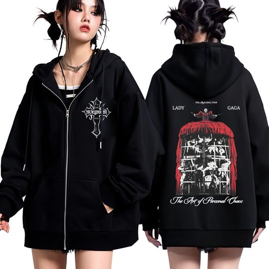 Singer Ld ga Mayhem Ball Tour Zipper Hoodie Men Women Vintage Hip Hop Oversized Sweatshirt High Quality Zip Up Jacket Coats