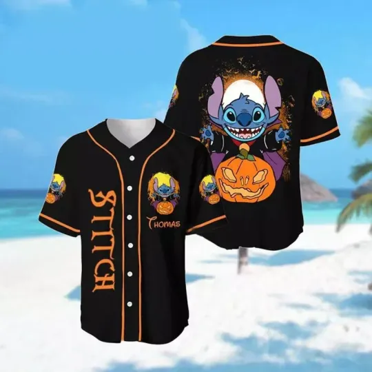 Discover Personalized Stitch Pumpkin Halloween Trick Or Treat 3D Baseball Jersey Shirt