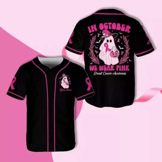 Discover Personalized In October We Wear Pink Ghost Halloween 3D Baseball Jersey Shirt