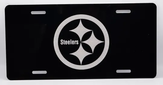 Discover Black Pittsburgh Steeler logo laser engraved license plate