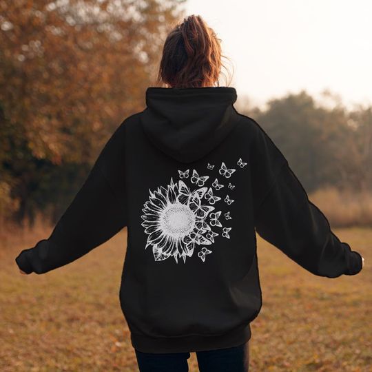 Discover Sunflower and Butterflies Full Zip Hoodie. Minimalist Floral Graphic Hoodie, Black and White Aesthetic Nature Sweatshirt