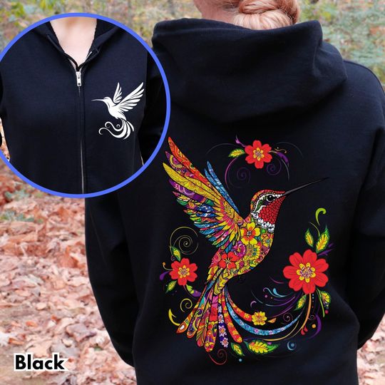 Discover Colorful Hummingbird Hoodie, Boho Bird Zip Up, Floral Festival Sweatshirt, Mexican Folk Art Hoodie, Psychedelic Bird Jacket