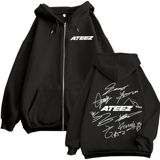 Limited Kpop ATEEZ Logo Double Sided Print Zipper Hoodie Fashion Hip Hop Zip Up Sweatshirts Men Women Casual Oversized Pullovers