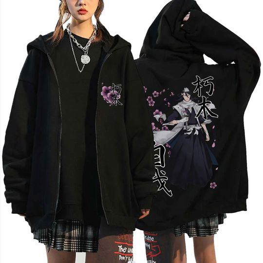 Discover Anime RIPP JUNC Kuchiki Byakuya Cherry Blossom Zipper Hoodie Men Women Fashion Casual Oversized Zip Up Jacket Man Fleece Sweatshirt