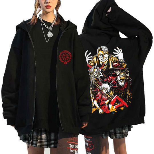 Discover Anime Hellsing Abraham Van Helsing Vampire Alucard Graphic Zipper Hoodie Men Women Cartoon Manga Merch Oversized Zip Up Jacket
