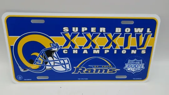 Discover 2000 Plastic Front License Plate Car Tag ST. Louis Rams Super Bowl XXXIV football