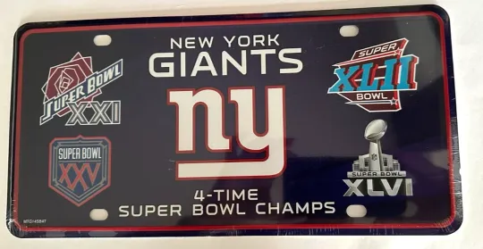 Discover New York Giants Metal Auto Tag License Plate 4-Time Super Bowl Champs 6x12 football