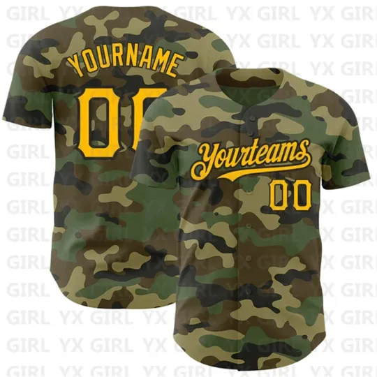 Discover Custom Camo Gold-Black Authentic Salute To Service Baseball Jersey 3D Printed Men Women Shirt Casual Shirts Sport Unisex Tops