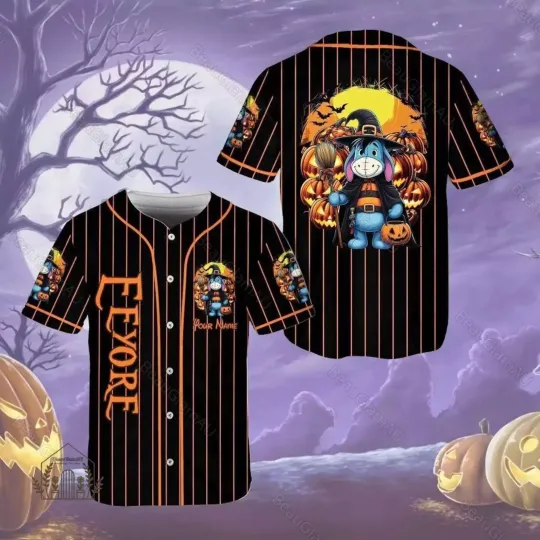 Discover Personalized Winnie The Pooh Cute Eeyore Pumpkin 3D Baseball Jersey Shirt