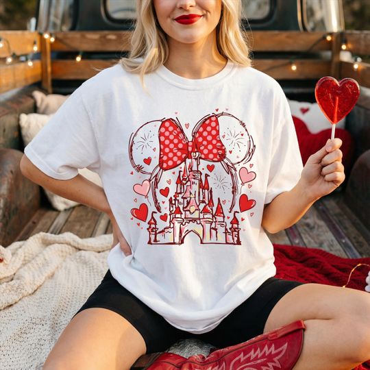 Discover Minnie Mouse Watercolor Castle Valentine Shirt, Cute Disneyland Love T-Shirt, Disney Minnie Head Tee, Disney Valentine Girls Trip Sweatshirt