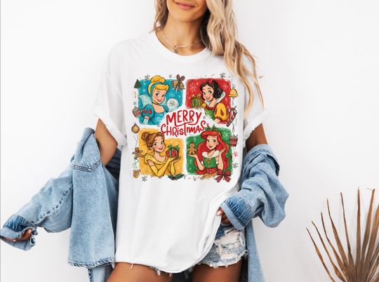 Discover Comfort Colors Disney Princess Merry Christmas Shirt, Disney Watercolor Princesses Christmas Tee, Ariel Snow White Cinde Belle Xmas