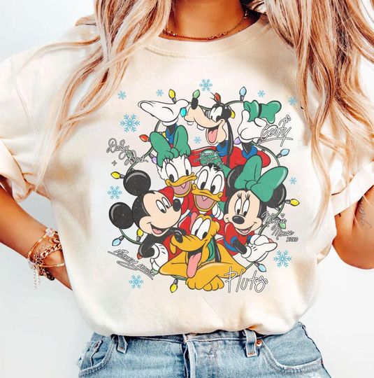Discover Vintage Disney Christmas T-shirt, Mickey Mouse Holiday Lights Baby Tee, Mickey Minnie Donald Daisy Goofy Pluto Baby Tee