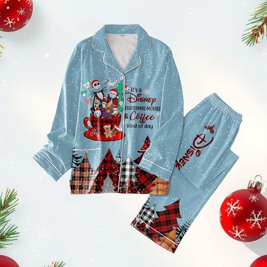 Discover Jack and Sally Christmas Pajama Set for Adults, Nightmare Before Christmas Holiday Sleepwear, Disney Couple Pajamas