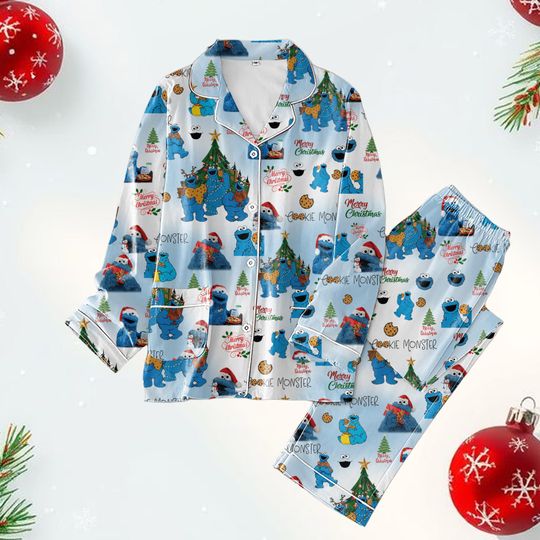 Discover Cookie Monster Family Pajama Set, Kids Blue Monster Long Sleeve PJs, Christmas Sleepwear