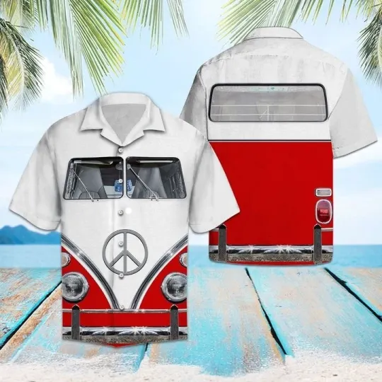 Discover Red Hippie Bus Hawaiian Shirt For Men Summer Button Up