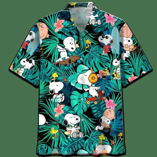 Discover Snoopy And Charlie Brown Cyan Forest Hawaiian Shirt For Men