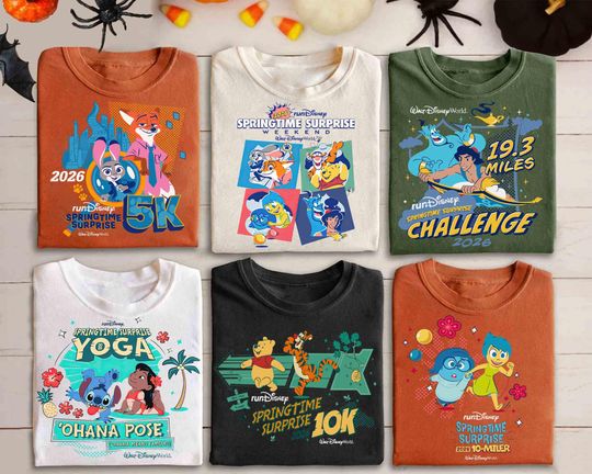 Discover runDisney Springtime Surprise Weekend 2026 Shirt, Aladdin Pooh Tigger Inside Out Stitch, Walt Disney World Runner 5k 10K Half Marathon Tees