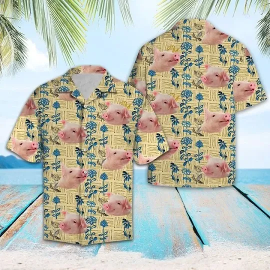 Discover Pig Floral Hawaiian Shirt For Men Summer Button U